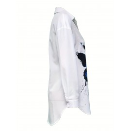 Butterfly Print Polo Neck Shirt, Casual Long Sleeve Blouse For Spring & Fall, Women's Clothing