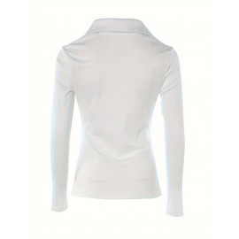 Solid Button Front Ruched Shirt, Versatile Long Sleeve Simple Shirt For Spring & Fall, Women's Clothing