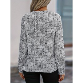 All Over Print V Neck Blouse, Elegant Long Sleeve Blouse, Women's Clothing