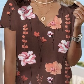 Floral Print Scallop Trim Blouse, Casual Short Sleeve V Neck Blouse For Spring & Summer, Women's Clothing