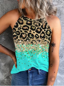 Leopard Print Halter Tank Top, Casual Sleeveless Tank Top For Summer, Women's Clothing