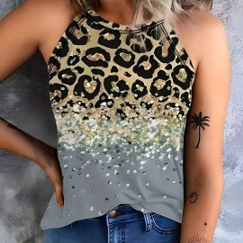 Leopard Print Halter Tank Top, Casual Sleeveless Tank Top For Summer, Women's Clothing