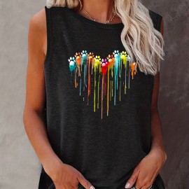 Colorful Paw Print Crew Neck Tank Top, Casual Sleeveless Top For Summer, Women's Clothing