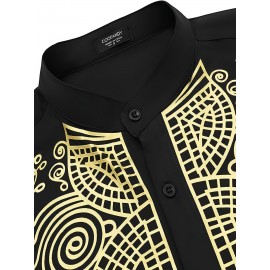 Totem Print Men's Long Sleeve Stand Collar Shirt, Ethnic Style Male Shirt For Spring Fall
