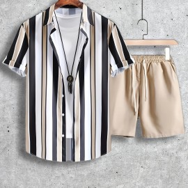 2pcs Men's Stripe Pattern Color Block Short Sleeve Button Shirt & Loose Shorts, Men's Casual Outfit For Summer Vacation