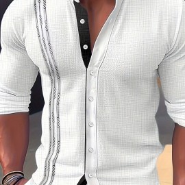 Men's Stylish Color Matching Shirt, Casual Breathable Stand Collar Button Up Long Sleeve Shirt Top For City Walk Street Hanging Outdoor Activities