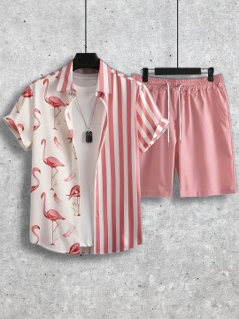 Casual Two-Piece Set, Men's Geometric Print Short Sleeve Shirt & Drawstring Shorts Matching Set For Summer