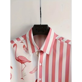 Casual Two-Piece Set, Men's Geometric Print Short Sleeve Shirt & Drawstring Shorts Matching Set For Summer