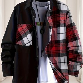 Plaid Pattern Men's Casual Thin Long Sleeve Color Block Button Up Shirt With Chest Pocket, Male Clothes For Summer Spring And Fall