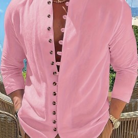Retro Style Men's Casual Solid Long Sleeve Shirt, Men's Clothes For Spring Summer Autumn, Tops For Men