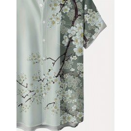 Floral Sakura Print Men's Casual Short Sleeve Shirt With Chest Pocket, Men's Shirt For Summer Vacation Resort, Tops For Men