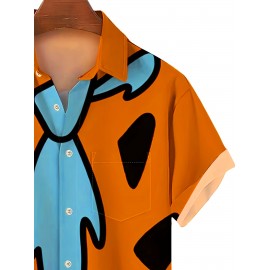 Retro Anime Print Men's Short Sleeve Pocket Lapel Shirt, Men's Trendy Button Up Tops For Summer Outdoor, Perfect Wear For Halloween