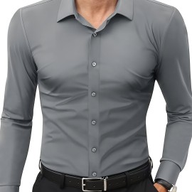 Basic Solid Men's Daily Stretch Formal Dress, Men's Slim Fit Long Sleeve Button Up Shirt, Spring Fall