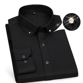 Men's Stylish Solid Shirt, Casual Breathable Lapel Button Up Short Sleeve Shirt Top For Business Activities